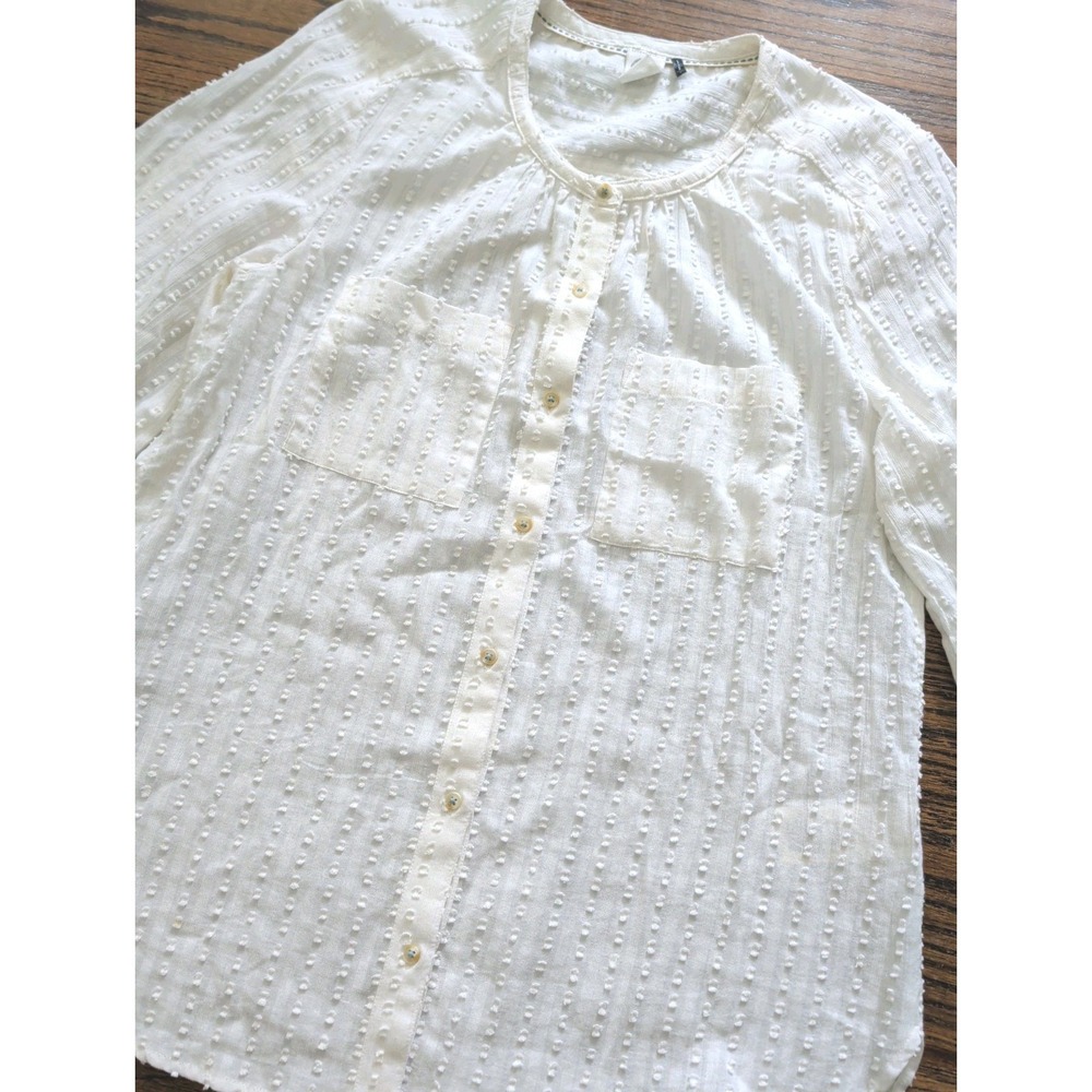 Anthropologie Akemi + Kin Ivory Button Up Cotton Top Textured 3/4 Balloon Slv L
